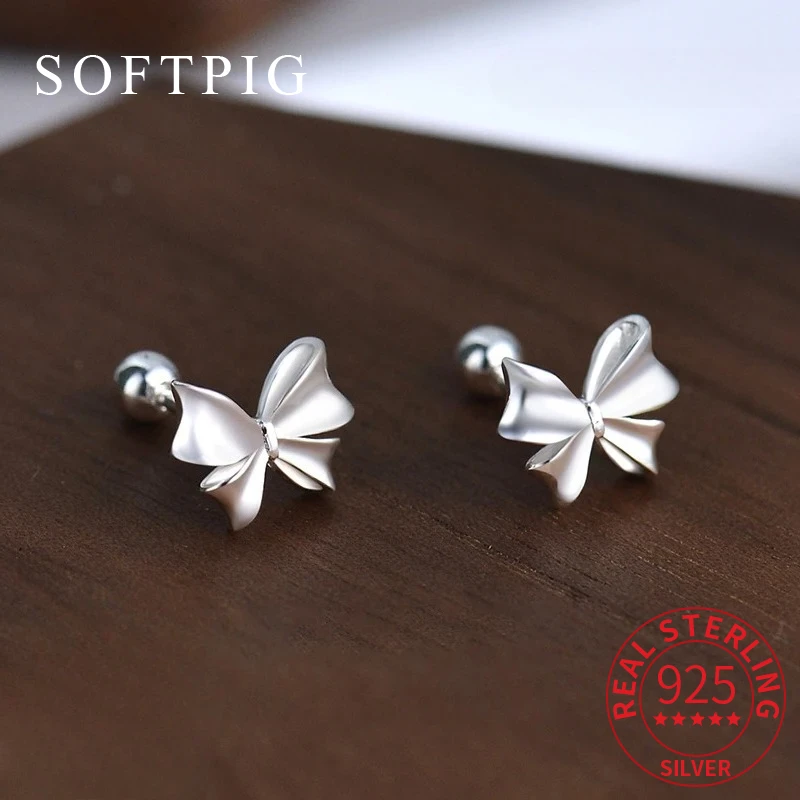 

SOFTPIG Real 925 Sterling Silver Ribbon Bow Mini Stud Earrings for Women Piercing Screw Bead Fine Jewelry Cute Accessories