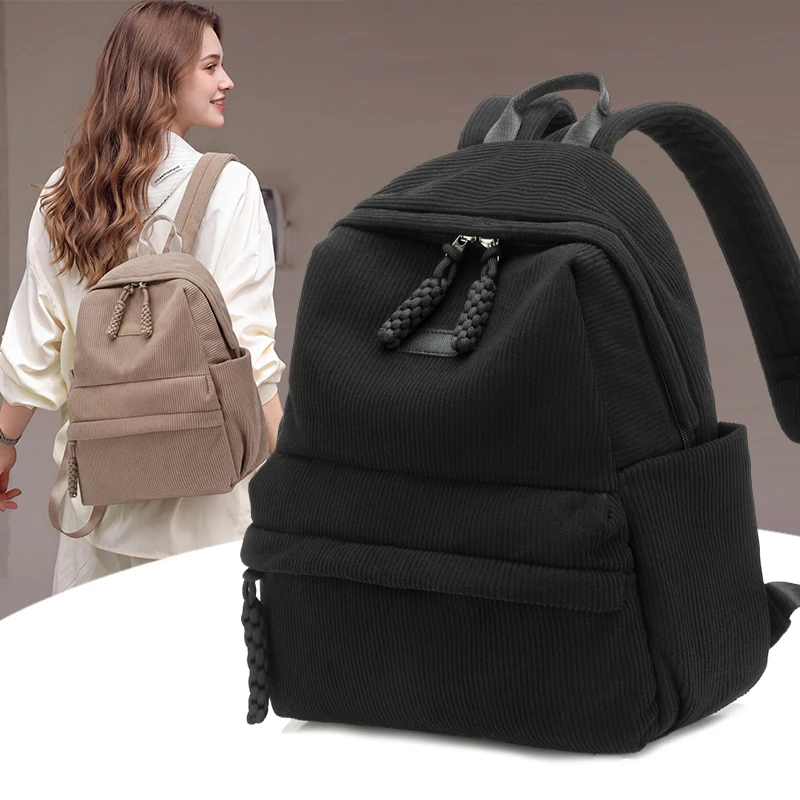 Women Corduroy Backpack Large Capacity Multi-Pocket Casual Daypack with Braided Zipper Pulls Side Pockets School Travel Handbag