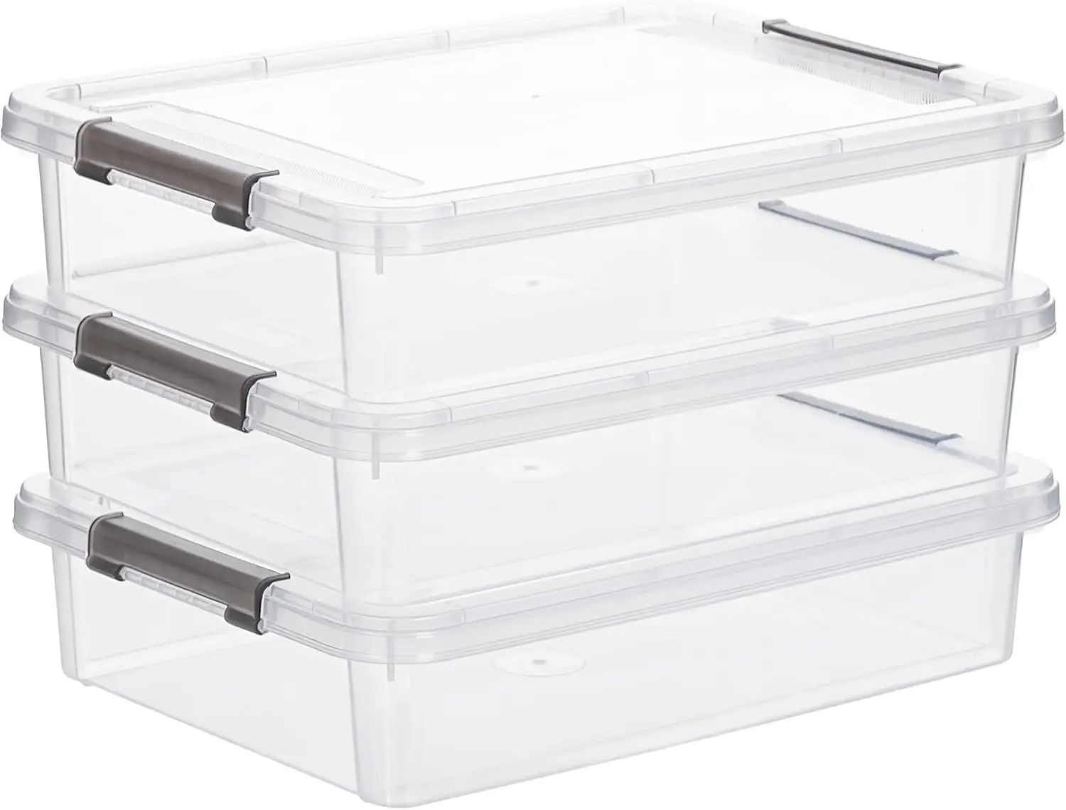 

3-piece plastic storage box set with locking lid, stackable, for organizing A4 papers, photos, and documents.