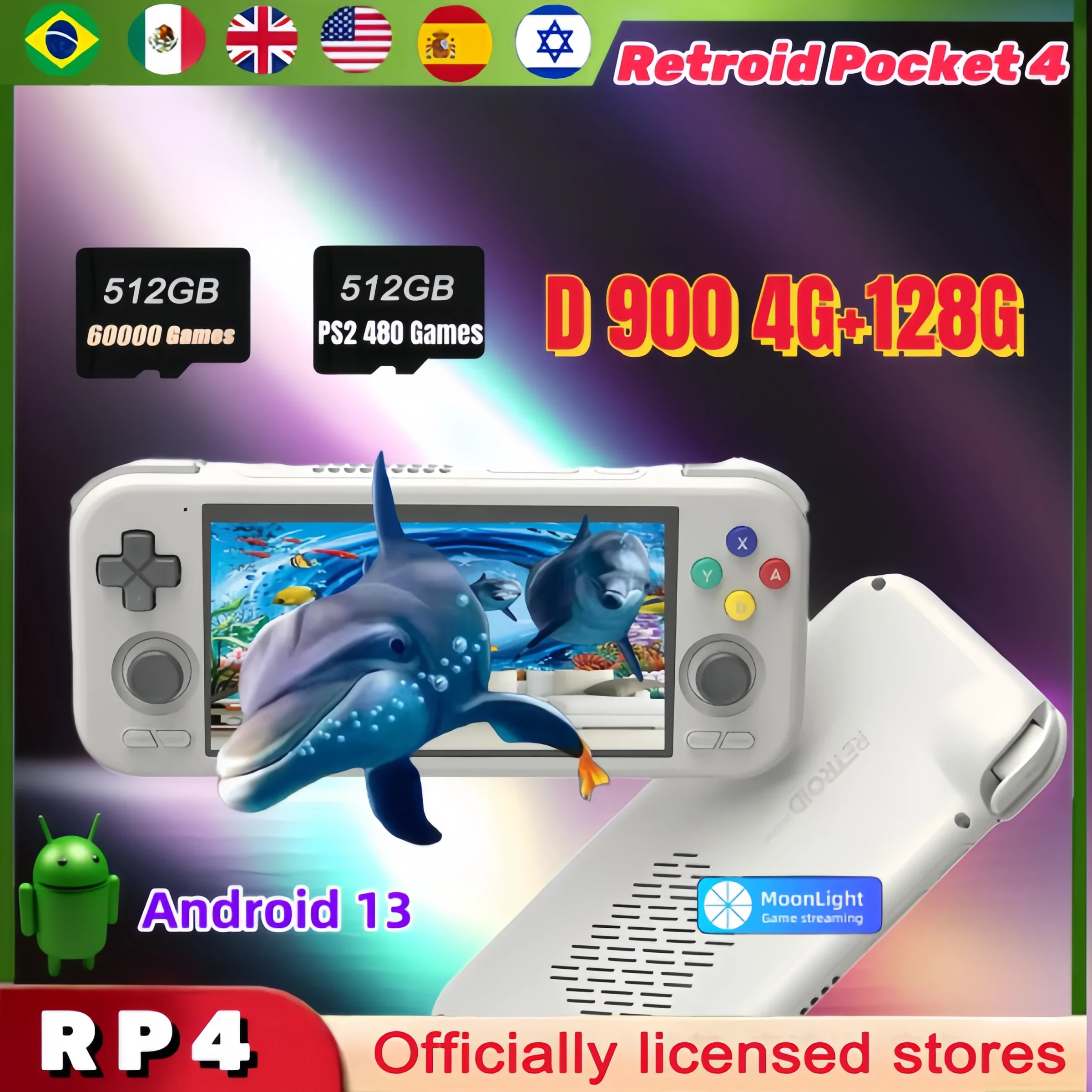 Retroid Pocket 4 Portable Handheld Game Console 4.7Inch Touch Screen RAM WiFi 6.0 Bluetooth 5.2 5000mAh 3D Hall Sticks PSP PS2