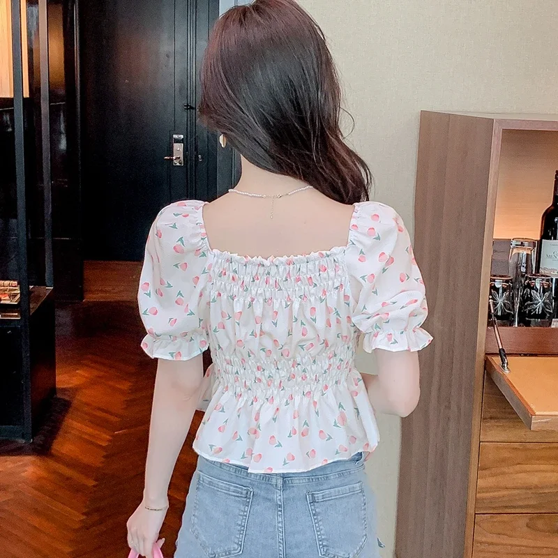 Casual Summer Blouses Women 2024 Fashion Off Shoulder French Printed Blusa Feminina Slim Korean Style Puff Sleeve Tops Mujer XL