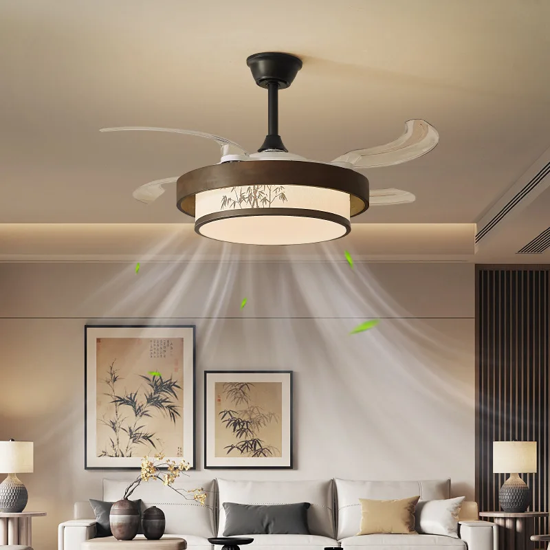 New Chinese invisible fan light landscape painting zen living room dining room three-color dimming ceiling fan light