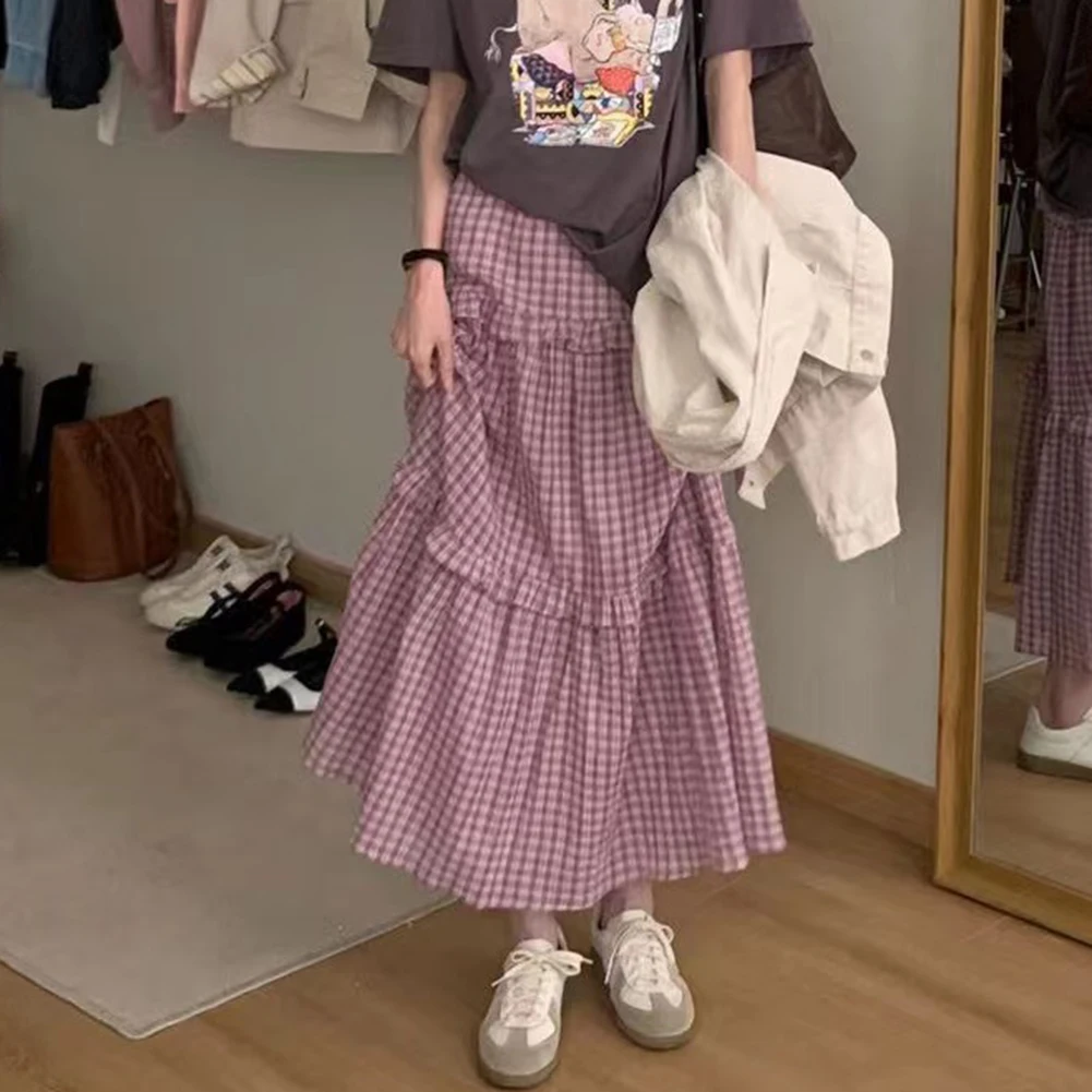 

A Line Casual Skirt Plaid Half Length Skirt Womens Retro Skirt Leisure Vintage Skirt Splicing Plaid Lined Skirt Women Set Casual