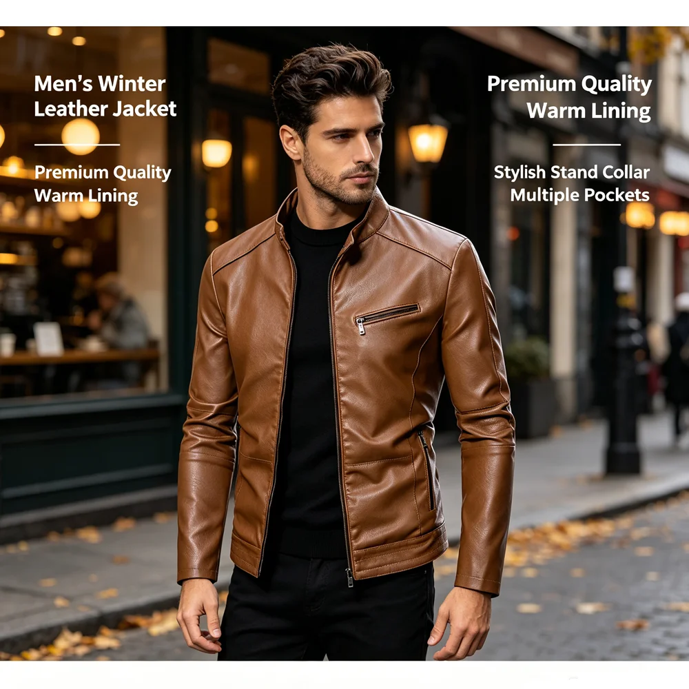 Winter Men's Warm Faux Leather Jackets Fashion Man Streetwear Motorcycle Leather Coats Men Moto Biker Jackets