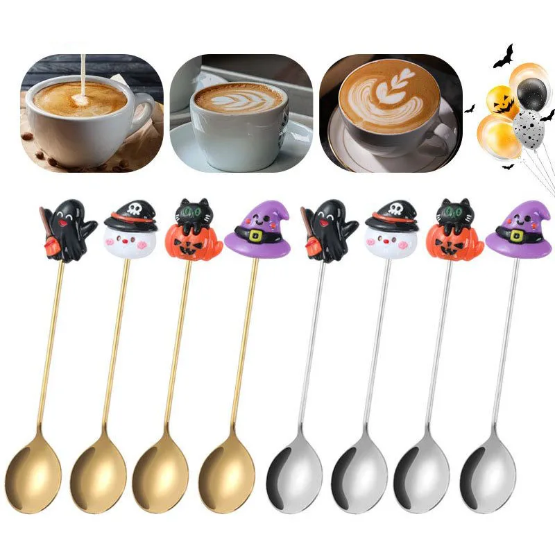 

10pcs Halloween Cafe Coffee Spoon Cuchara Drinkware Tableware Stainless Steel Tea Dessert Spoons Mini Small Scoop Party Supplies