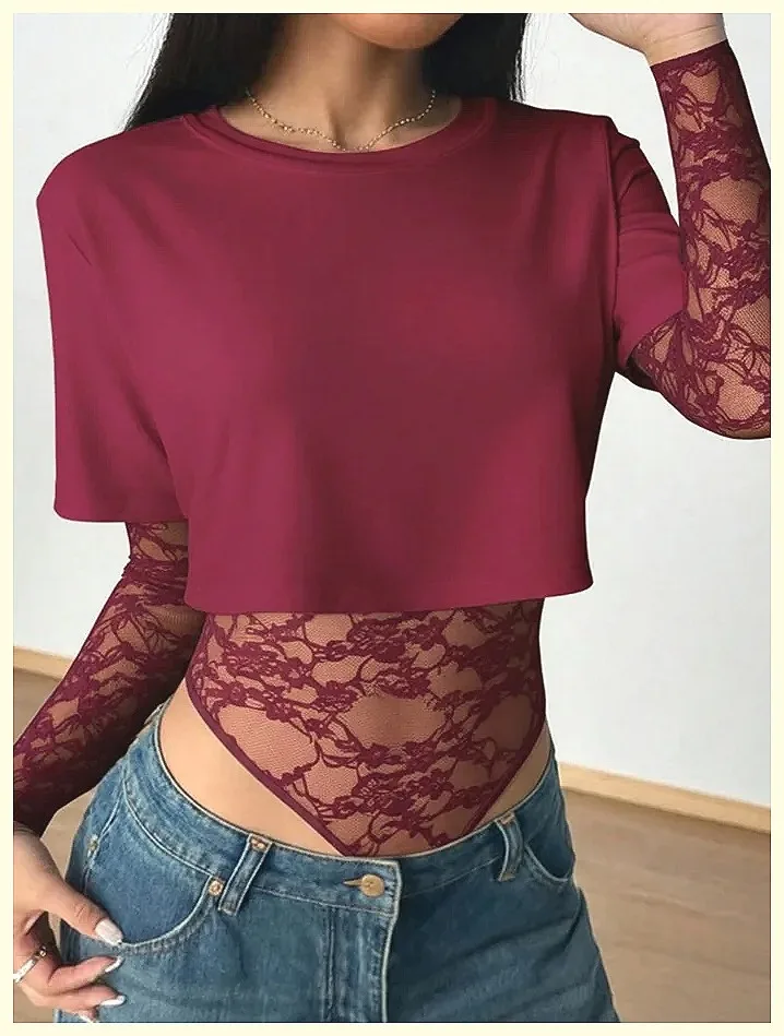 

Sexy Lace Crop Top & Bodysuit Set, Summer Streetwear Women's Slim Fit Two Piece Outfit