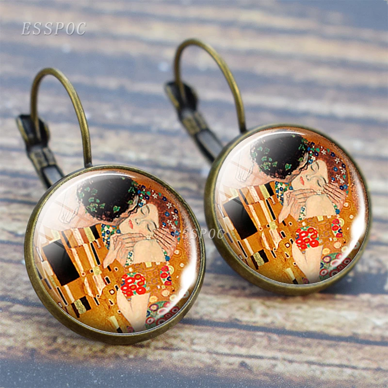 Retro Klimt Earring France Stud Earrings Art Oil Painting Glass Cabochon Jewelry Klimt\'s Kiss Mom Mother Day\'s Ear Hook Gift