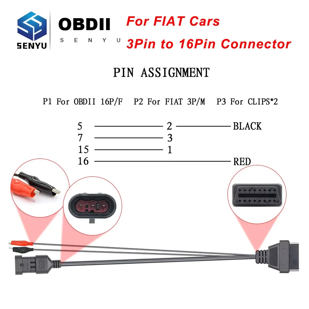 For Fiat OBD2 Cable 3Pin to 16Pin Interface 3pin Female Connector Adapter For Alfa For Lancia Car Extension Diagnostic Cables