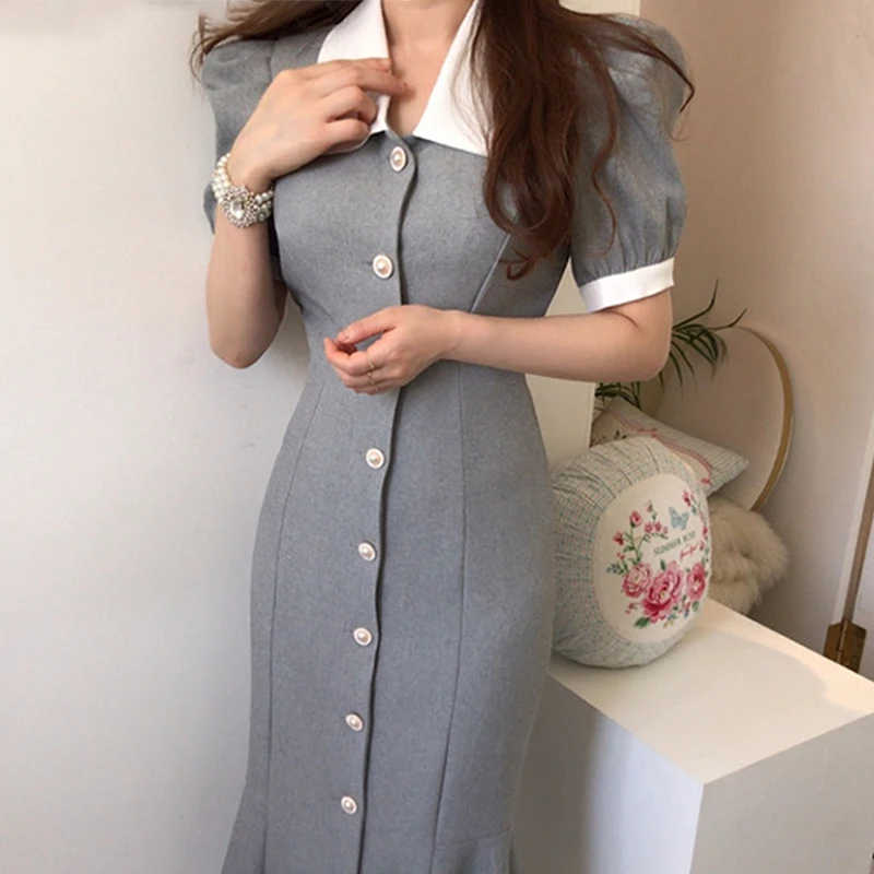 

Ele Summer Chic Polka Dot Slim Fit Bubble Sve Fi Tail Dr Single Button Collar Women's Faion Commute Sle