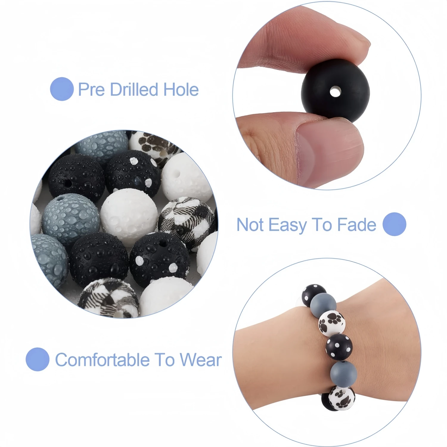 18/36pcs silicone beads 15mm dog paw footprints silicone beads black and white buffalo pattern keychain bracelet beads round rubber orchid code pen