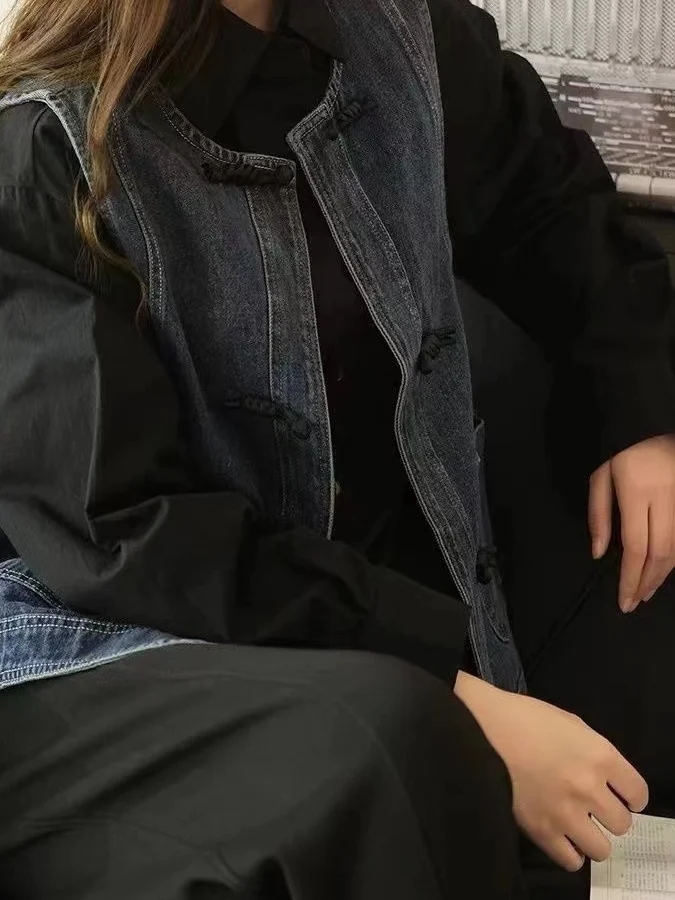 Rétro Sle boutonné Denim gilet femmes ort Jaet printemps superposition petite taille nouveau chinois Sle oulder Pad gilet