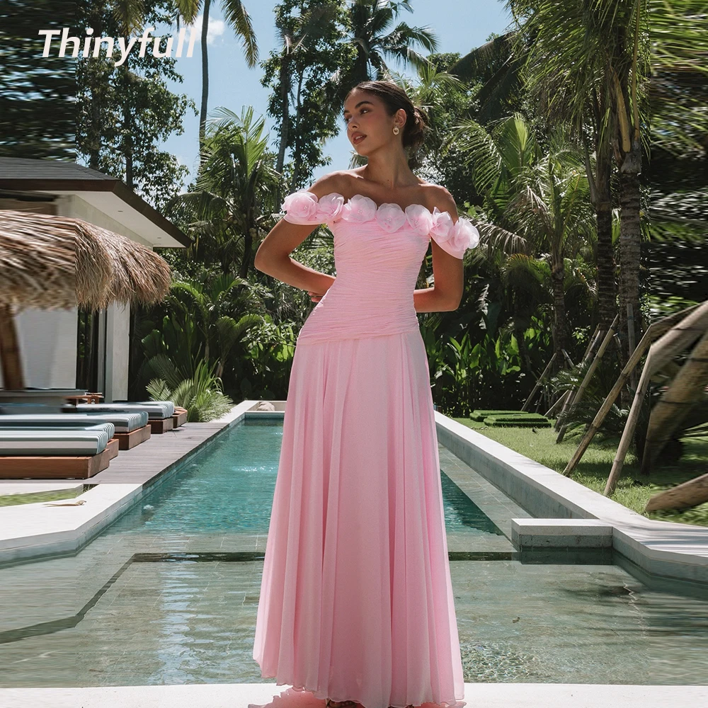 

Thinyfull 3D Flower A-line Chiffon Prom Dresses Off Shoulder Pleat Holiday Style Gown Evening Dress Robe De Soirée Customized
