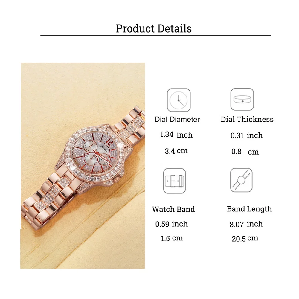 طقم ساعات كوارتز نسائية فاخرة وعصرية مصنوعة من خليط معدني مرصع بالألماس مكون من 3 قطع، مناسبة للارتداء اليومي وعيد الشكر والكريس