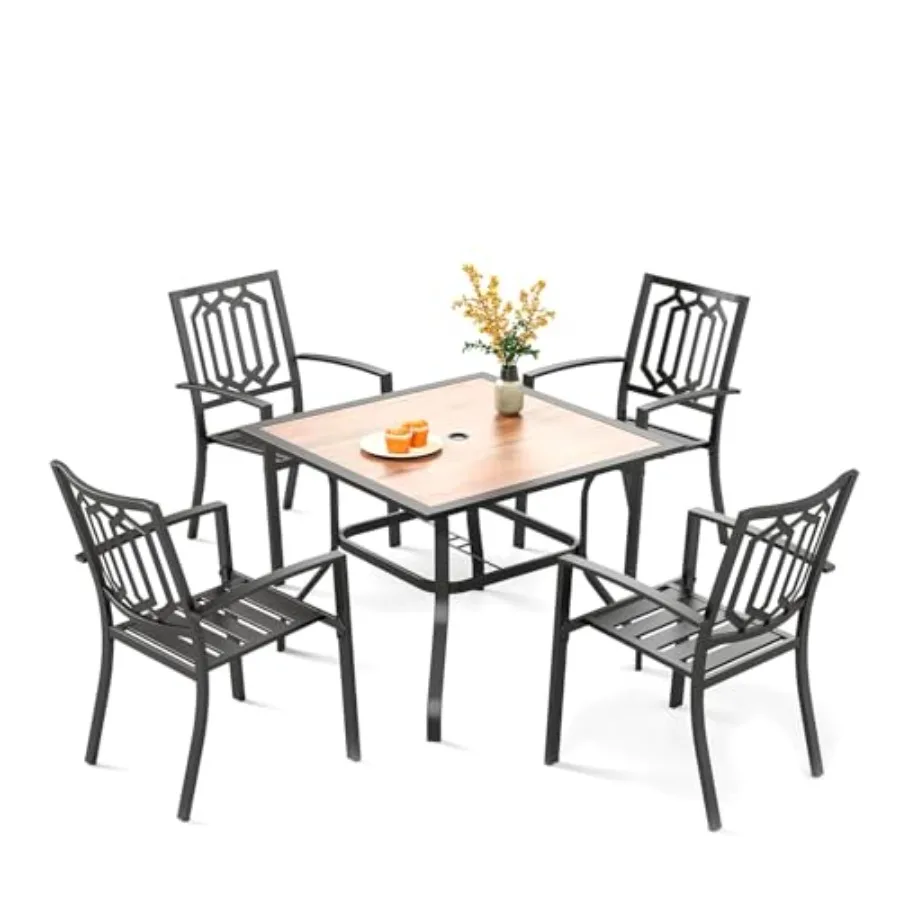 

5 Piece Outdoor Dining Set for 4 with 37 Square Metal Table and Polywood Top Stacking Wrought Iron Chairs in Brown Durable Pati