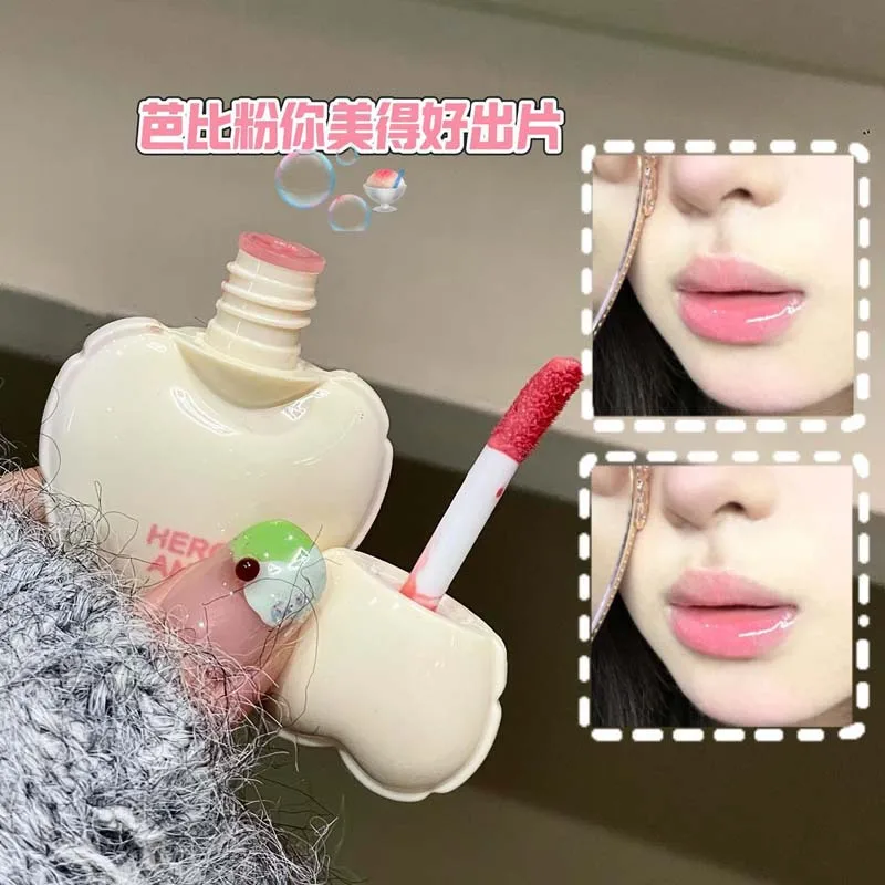 Cute Heart Mirror Glass Liquid Lipstick Love Shaped Pink Water Light Lip Stain Non-Stick Cup Lipgloss&Blush Makeup