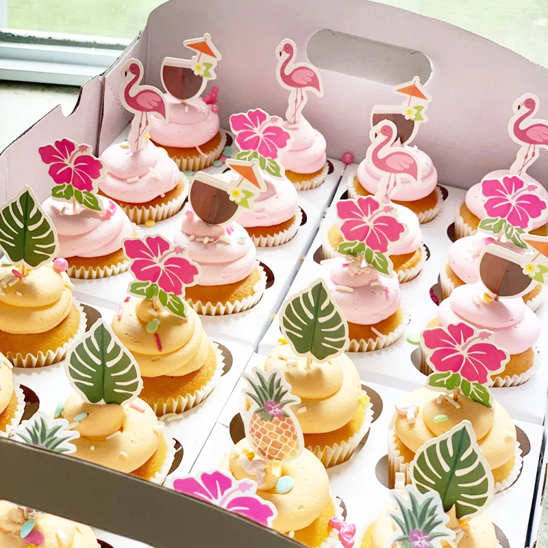 Decoração De Cupcake Havaiano, Forma De Folha De Palmeira, Abacaxi Flamingo, Folha De Palmeira, Festa De Verão Praia Temático, Suprimentos De Decoração De Bolo, 24Pcs
