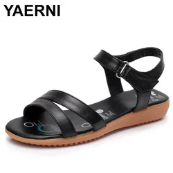 YAERNI Women Sandals Plus Size 34-43 Summer Genuine Leather Women Shoes Woman Flip Flops Ladies Flat Sandal chaussure Sandalias