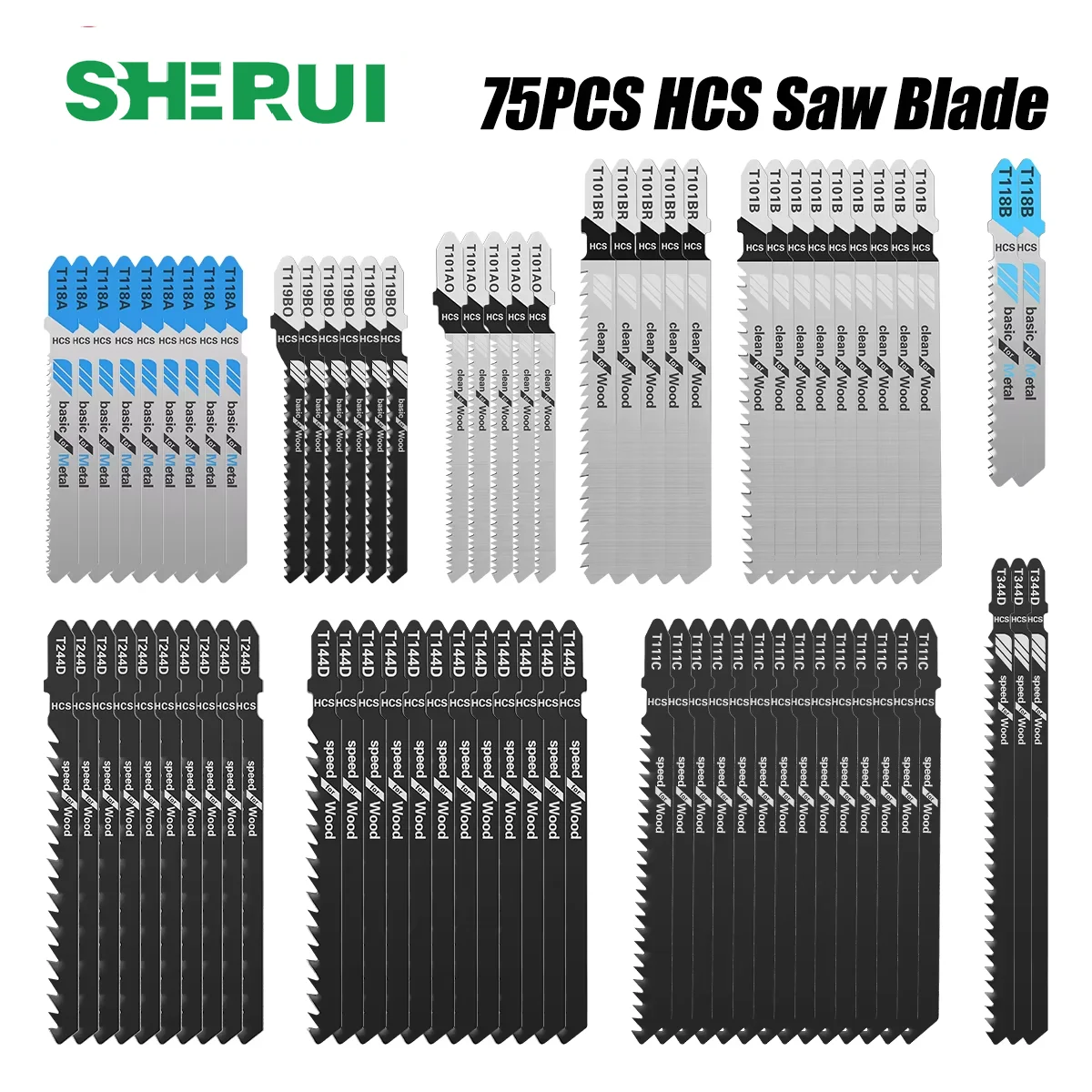 75pcs Jigsaw Blades Set HCS Assorted Jig saw Blade T-Shank for Wood Plastic Metal Cutting