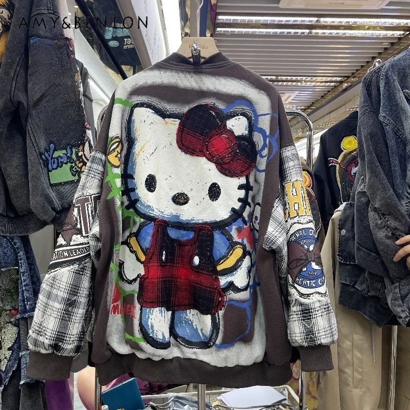 

2025 Autumn New Fashion Versatile Heavy Industry Cartoon Cat Embroidery Long Sleeves Baseball Jacket For Women's Y2k Kawaii Coat