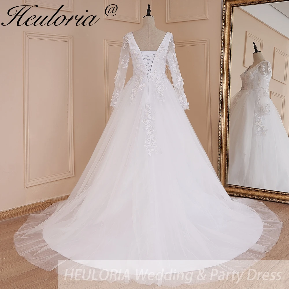 HEULORIA elegant A line wedding dress long sleeve lace applique bride dress Robe De Mariee Wedding Bride Dress long train