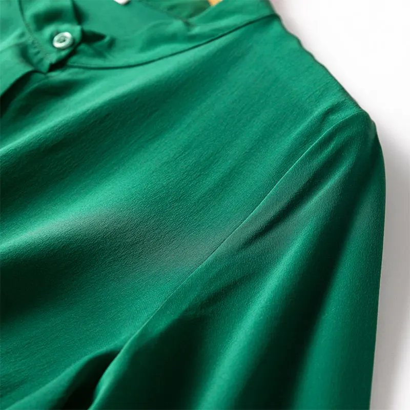 Women Silk Shirt 100% Mulberry Silk Green Solid Color Buttons Down Long Sleeve Fashion Top Blouse Office Work M L XL MM717