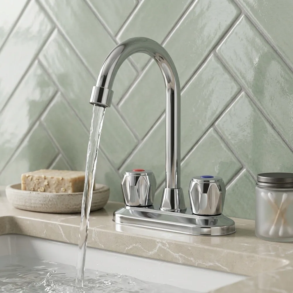 Two Hole Deck Mounted Bathroom Faucet Zinc Alloy Construction Sink Mixer Tap for Precise Hot Cold Water Adjustment