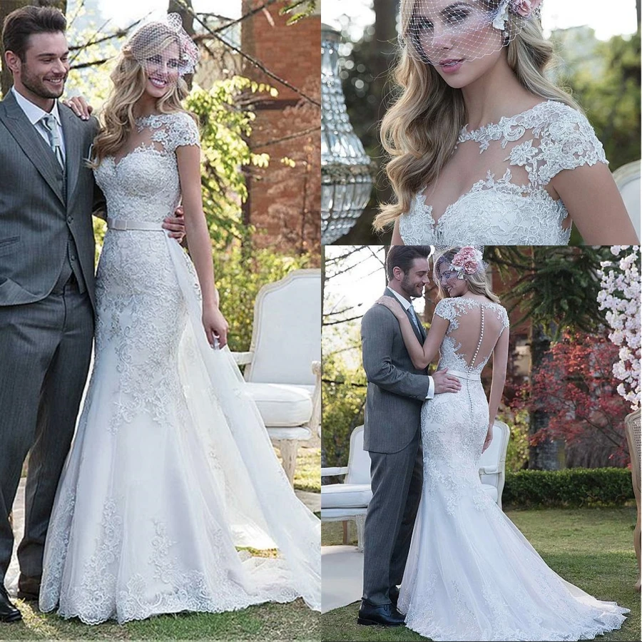 Robe de mariée sirène en Tulle 2 en 1, élégante, avec des Appliques en dentelle, jupe détachable à perles