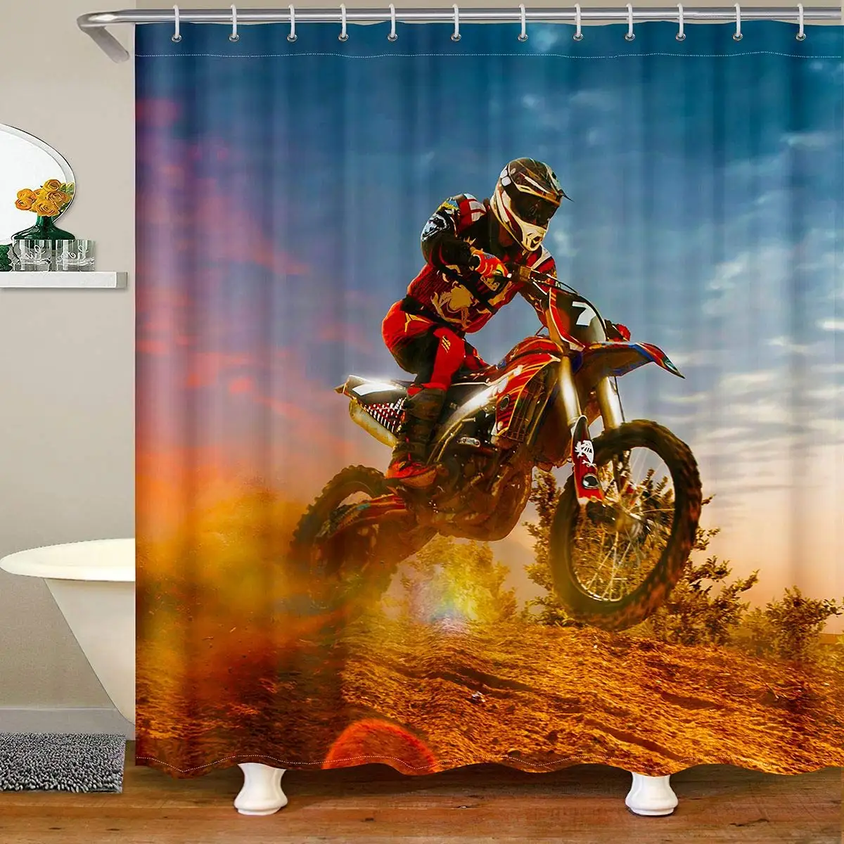 Dirt Bike Shower Curtain, Motocross Rider Bathtub Shower Curtain Motorbike Extreme Sport Game Bathroom Shower Curtain for Kids