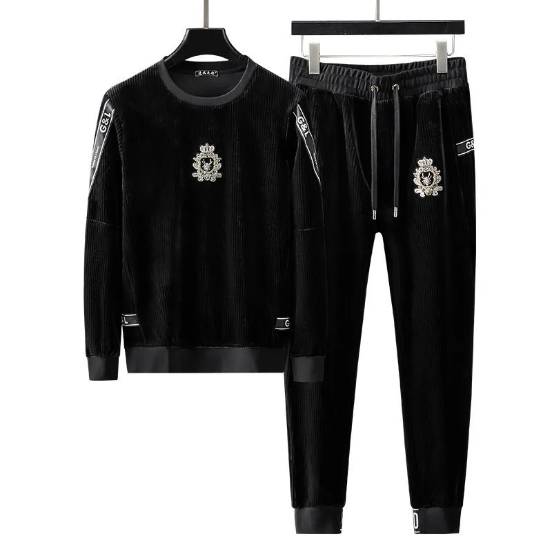 men clothing Embroidery Technology of Men\'s Gold Velvet Suit pants of European Station Light Luxury Fashion Brand two piece set