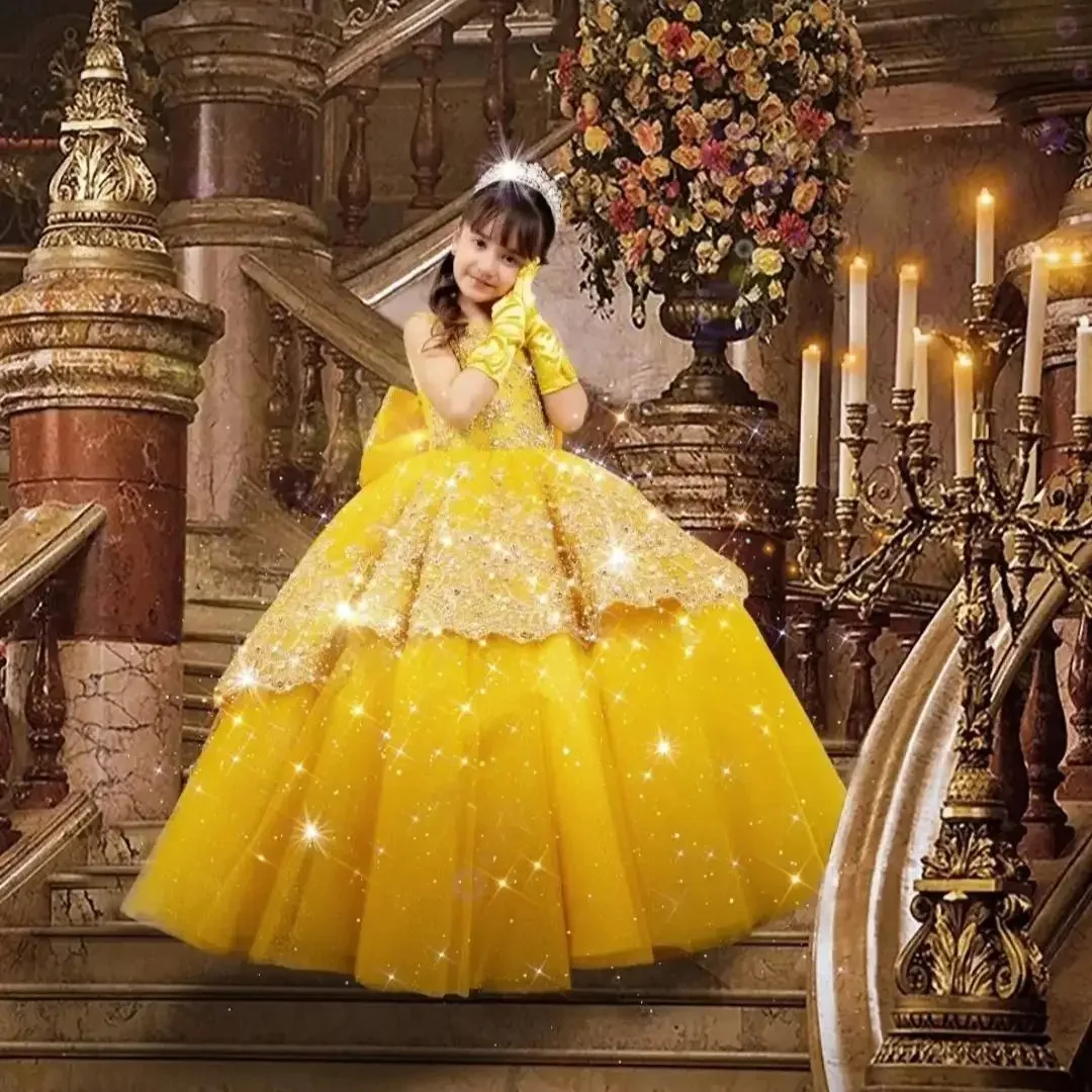 ที่กําหนดเองทองชุดสาวดอกไม้สําหรับงานแต่งงานเงาA Ppliquesด้วยโบว์เด็กแรกศีลมหาสนิทอย่างเป็นทางการเหตุการณ์วันเกิดพรรคชุด