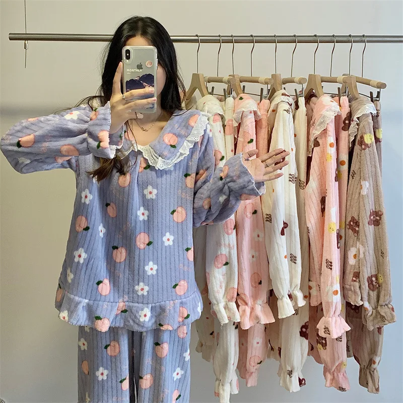 Bonito pijamas terno feminino outono inverno roupas femininas confortáveis pijamas coral velo engrossar doce pijama homewear