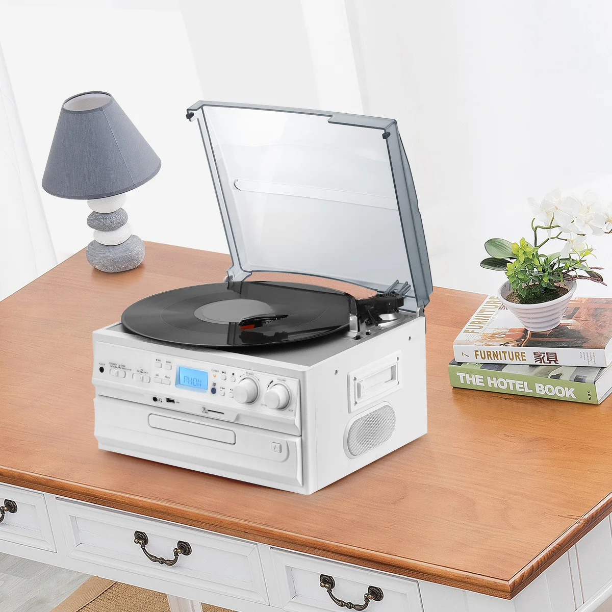 Multi Vinyl Turntable Player with CD Player USB SD Record AUX Input Radio and Cassette Function