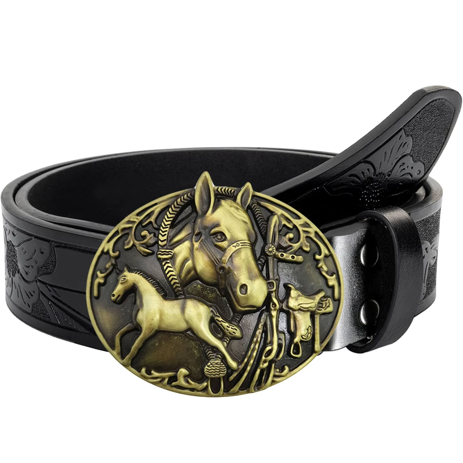 1pc men's western-style belt, paired with two horses, patterned bottom cover with big cow head, carved floral patterns and long