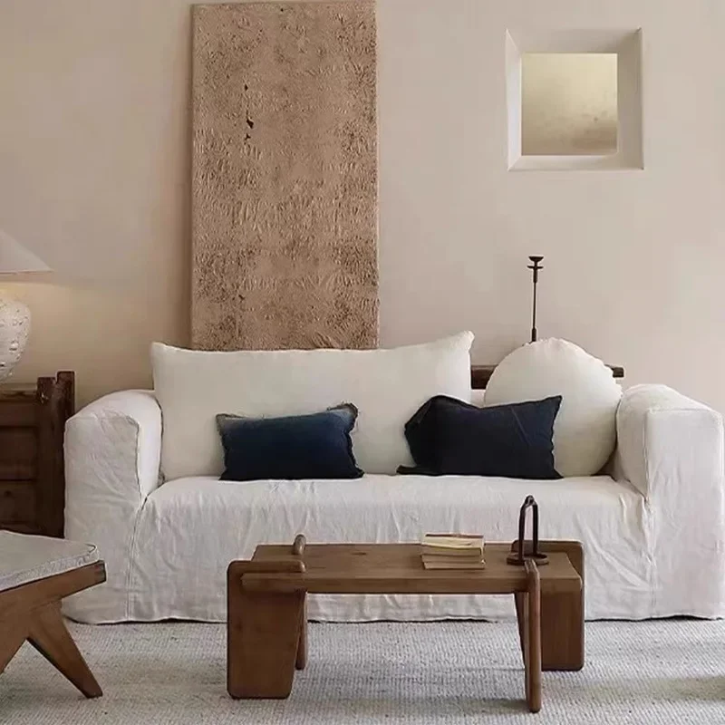 Japanese-style wabi-sabi wind, bed and breakfast hotel cotton and linen fabric, washing linen double sofa