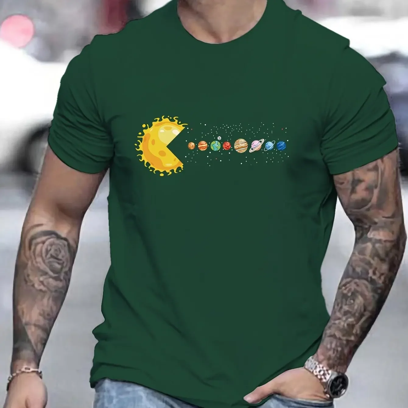 

Men's Summer Comfortable Casual Short-Sleeved Solar System Planet Print Round T-Shirt