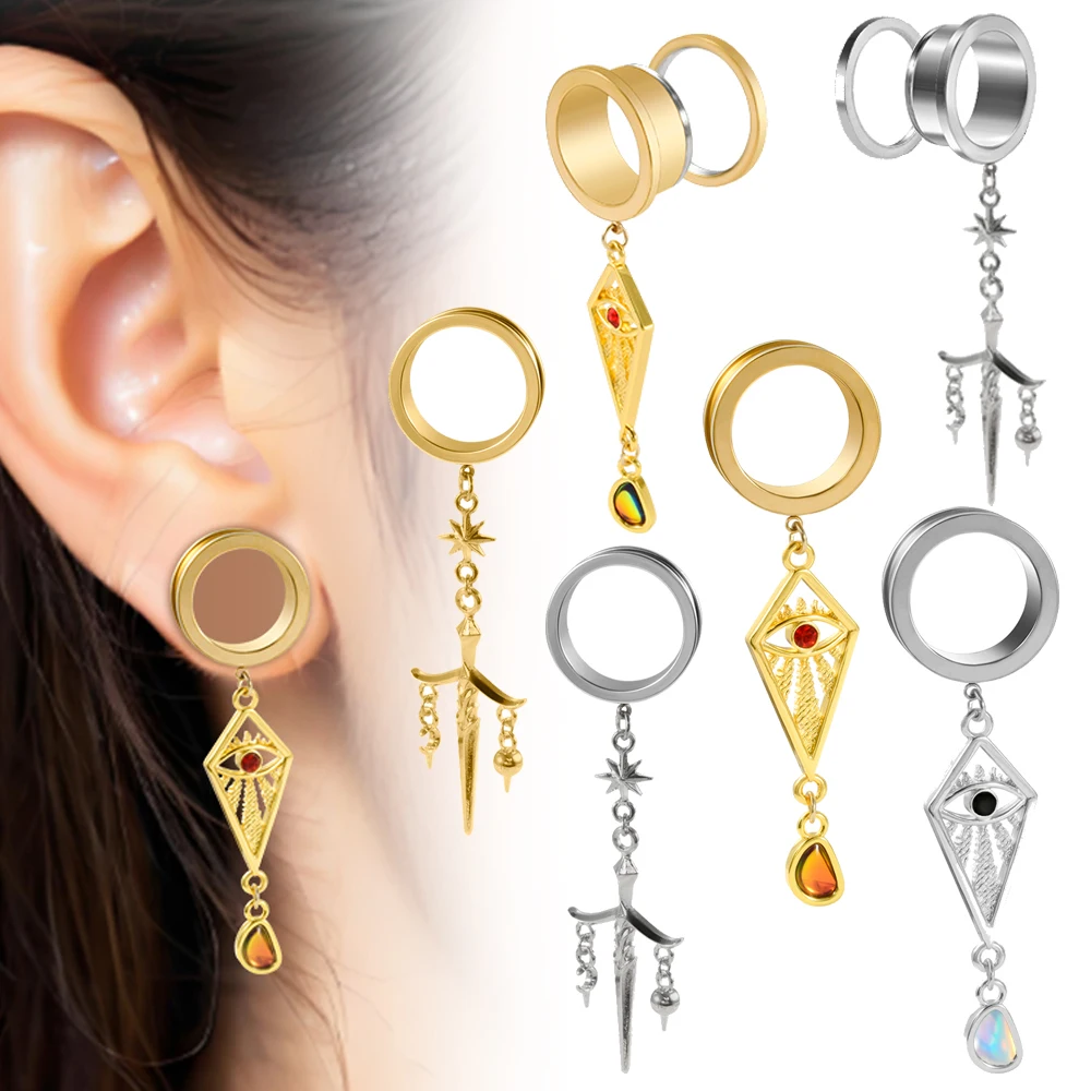 2PCS Stainless Steel Trident Eyes Dangle Ear Gauges Flash Film Screw On Ear Tunnle Plugs Expander for Stretcher Piercing Jewelry