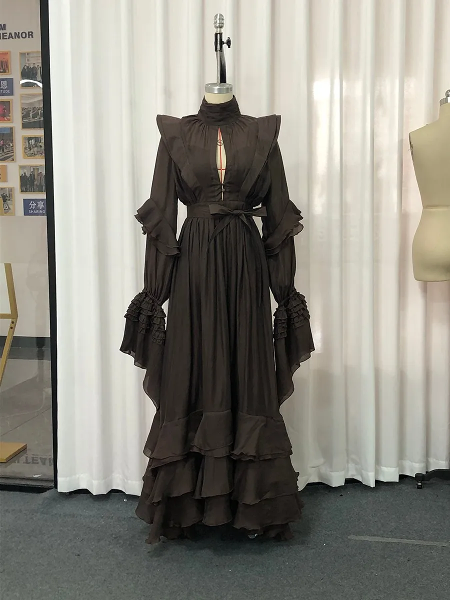 TWOTWINSTYLE خمر تقسم قطع سليم منتصف فستان للنساء الوقوف طوق كم طويل المتدرج تكدرت هيم ثوب أنيق الإناث #4