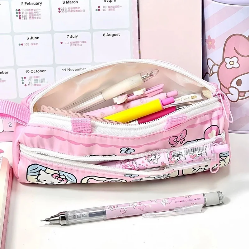 New Sanrio Hello Kitty Pencil Pouch Large Capacity Pen Case Pink Kt Cat Cosmetic Bag Girls Student Supplies Stationery Gifts