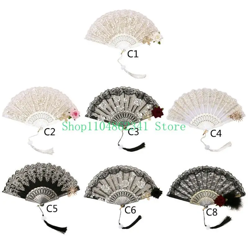 5asd quạt retro với tassels ren quạt đám cưới người hâm mộ gập tay cho bữa tiệc khiêu vũ
