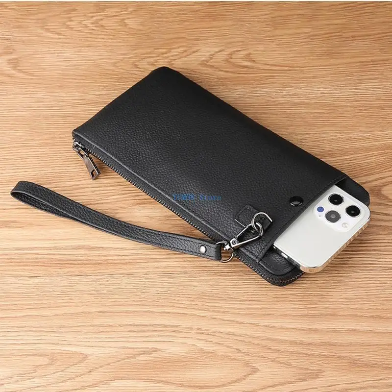 D0UD Men Wallet Vintage Leather Long Wallet Zipper Business Coin Purse Phone