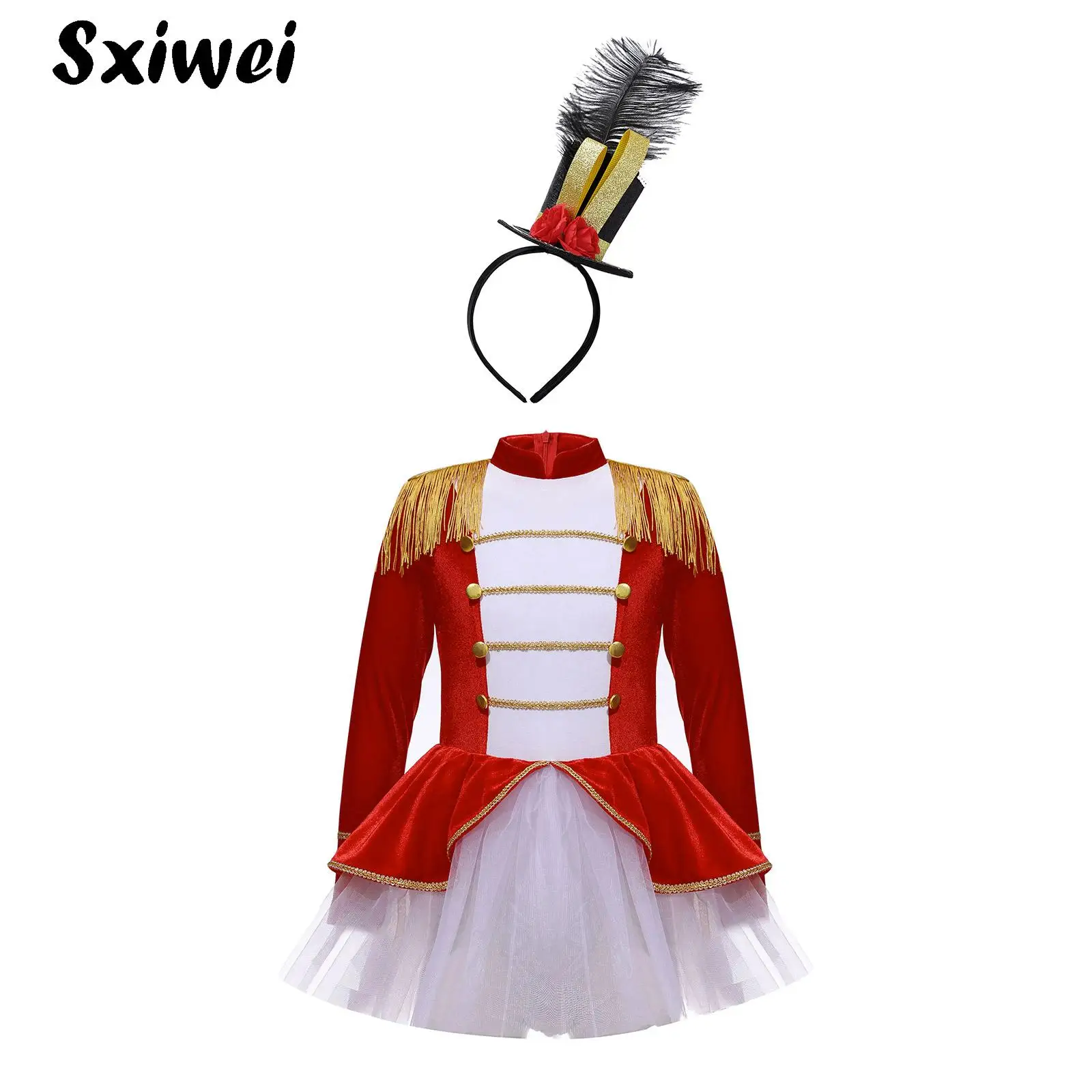 

Girls Ringmaster Circus Costume Long Sleeve Tassels EpauleTutu Leotard Dress Xmas Halloween Cosplay Drum Marching Band Dress Up