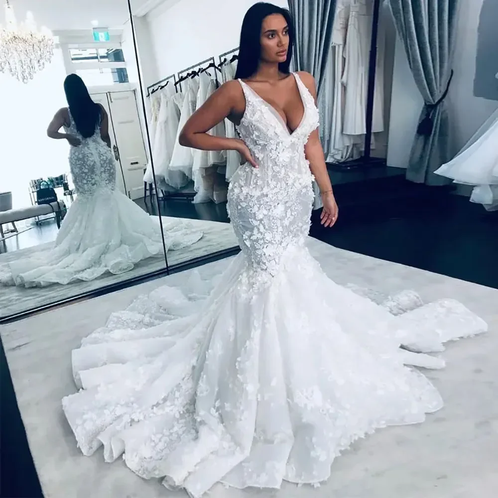Customized Deep V Neck Lace Applique Mermaid Wedding Dresses  Beach Country Plus Size Vestido De Novia Bridal Gowns