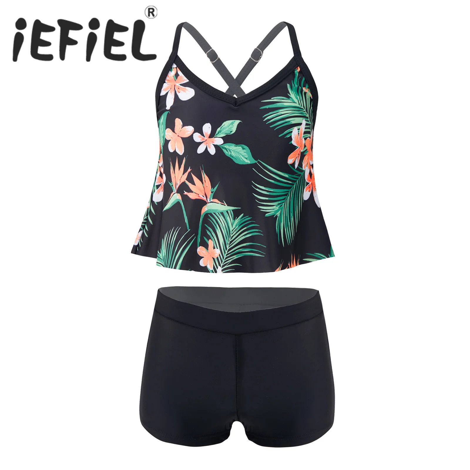 

Kids Girls Fashion Swimsuit Swimwear Beachwear Sets Athletic Workout Outfits Floral Print V Neck Sleeveless Camisole with Shorts