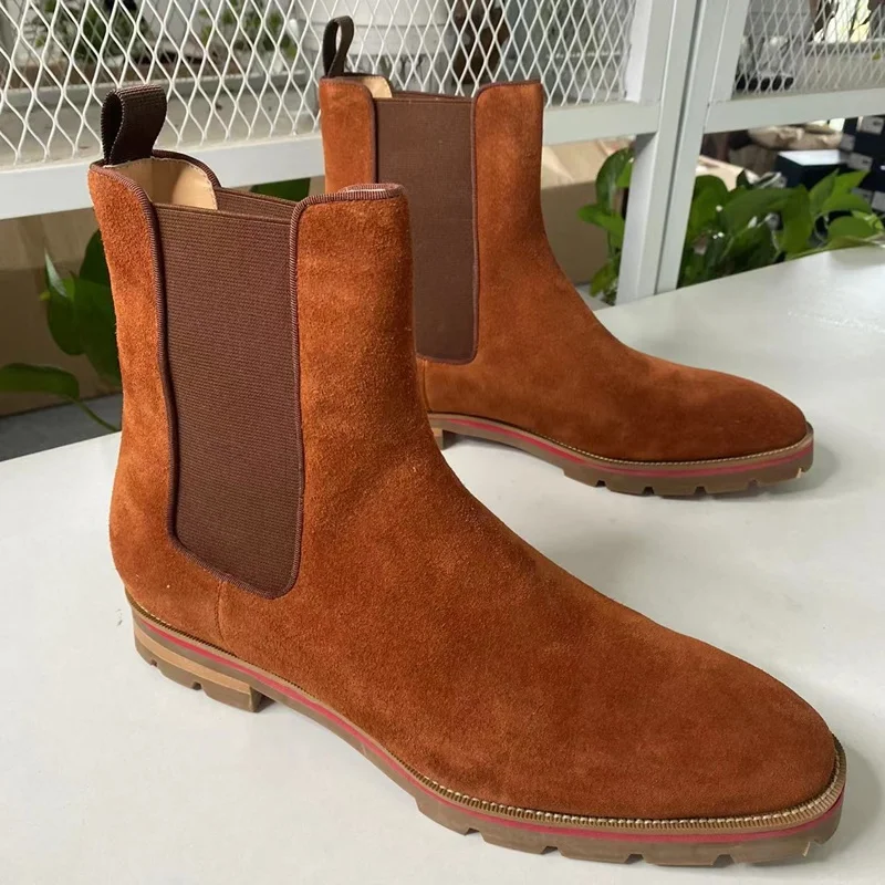 LOUBUTEN British Style Brown Suede Boots For Men High Quality Ankle Boots Autumn Winter Chelsea Boots Men Leather Shoes