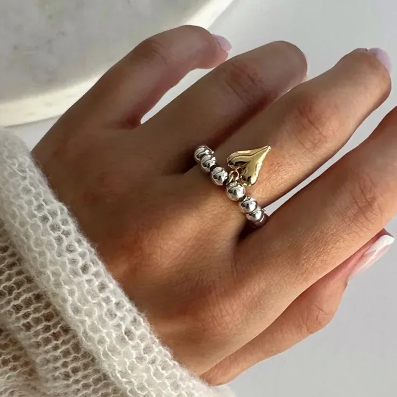 Stainless Steel Creative Metal Heart Rings Elastic Rope String Round Bead Ring Heart Pendant Adjustable Ring  For Women