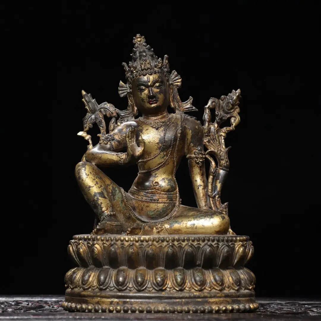 Avalokiteshvara Tara Bodhisattva Statue Pure Brass Gold Rubbed Vintage Home Altar Desk Decoration