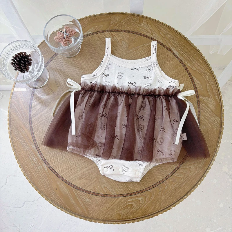 

2025 Baby Girl Summer Fashionable and Sweet Sling Romper Dress Korean-style Ins - inspired Onesie with Bow & Bear Prints