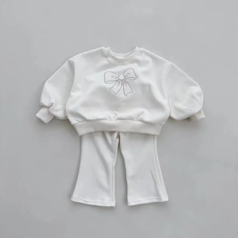 2024 autumn new baby simple design cute fashionable bow sweatshirt flared trousers casual two-piece set TZ230218