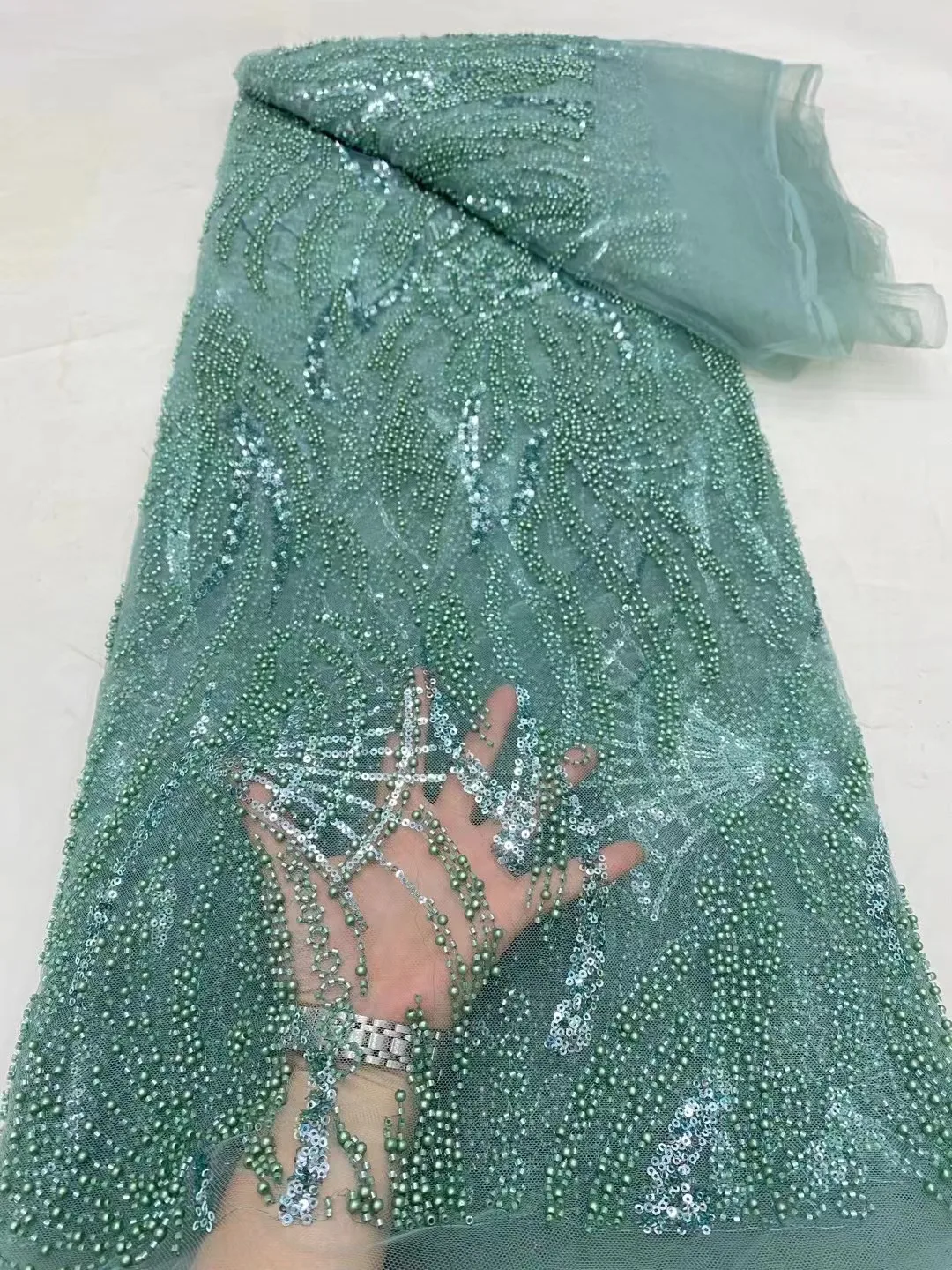 

African Heavy Beaded Net Lace Fabric 2024 High Quality Nigerian Shiny Sequins French Tulle Mesh Fabric For Wedding Party