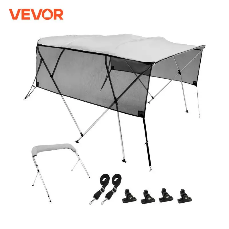 VEVOR 4 Bow Bimini Top Boat Cover Detachable Mesh Sidewalls Aluminum Alloy Frame Includes Storage Boot 2 Support Poles 2 Straps